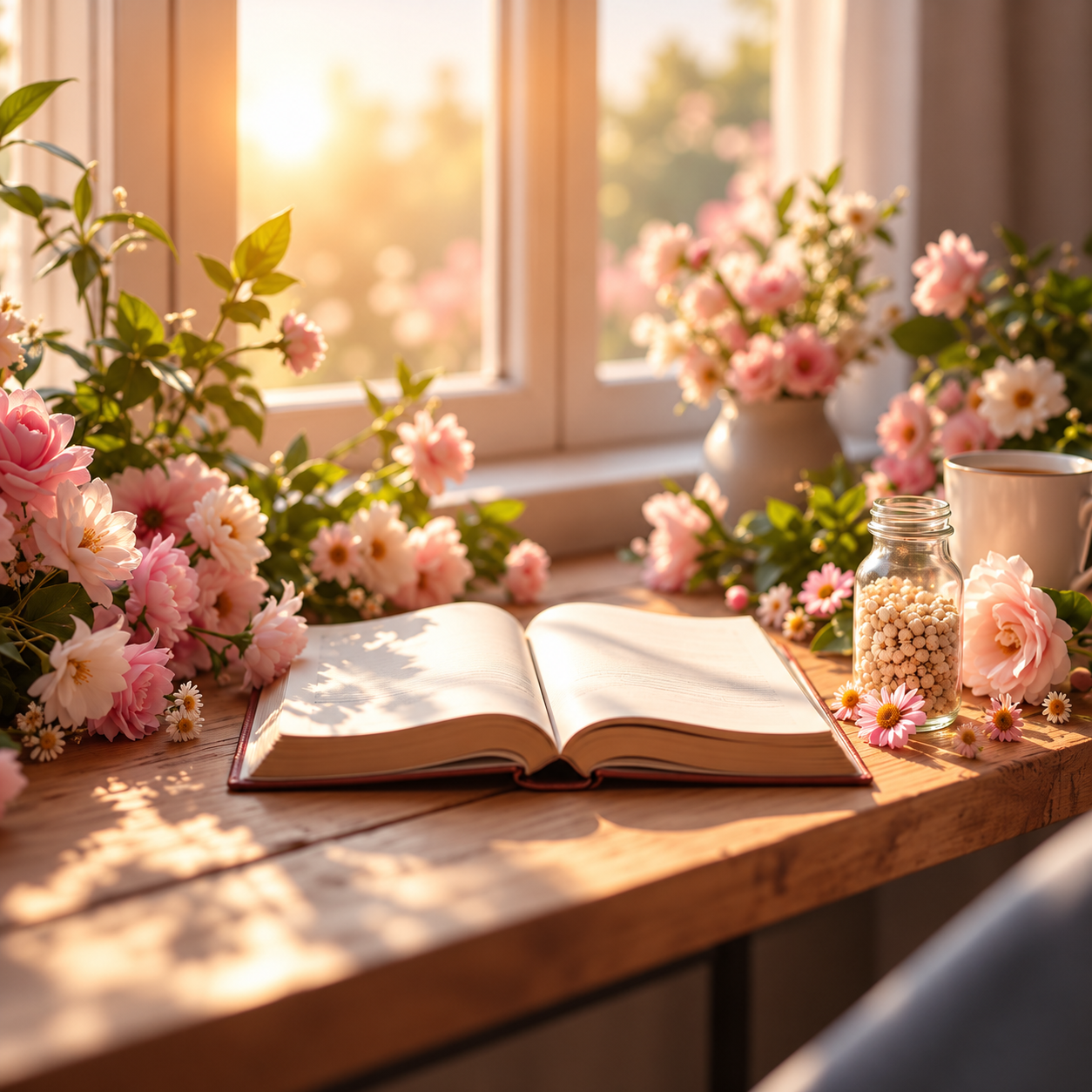 Open book surrounded by soft pink flowers in warm sunlight